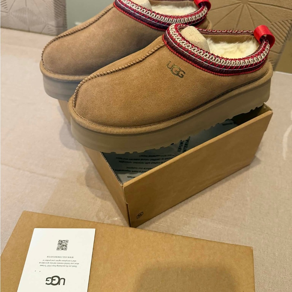 UGG Tan Suede Cozy Lined Slip-On Clogs with Red Trim